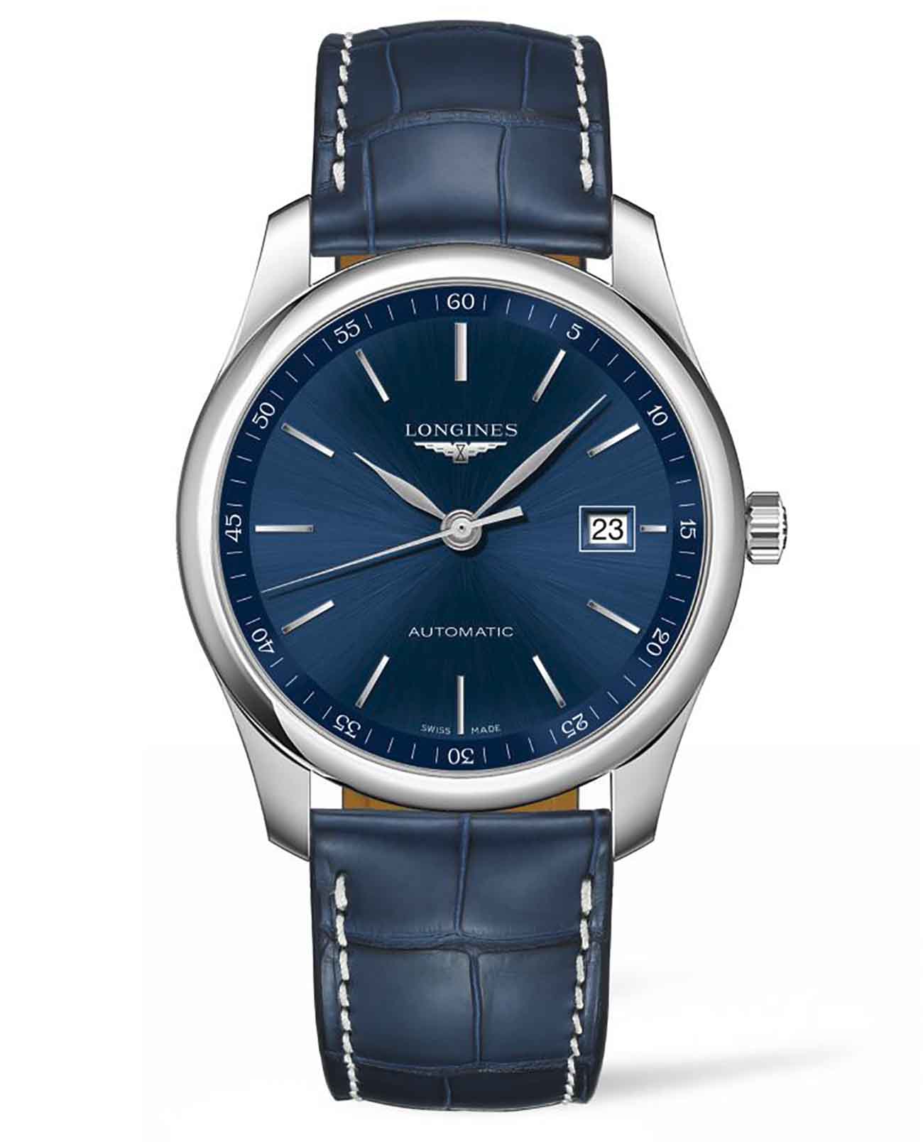 Longines Longines Master Collection  L2.793.4.92.2  L27934922 механические мужские часы синий циферблат, браслет кожаный — вид спереди
